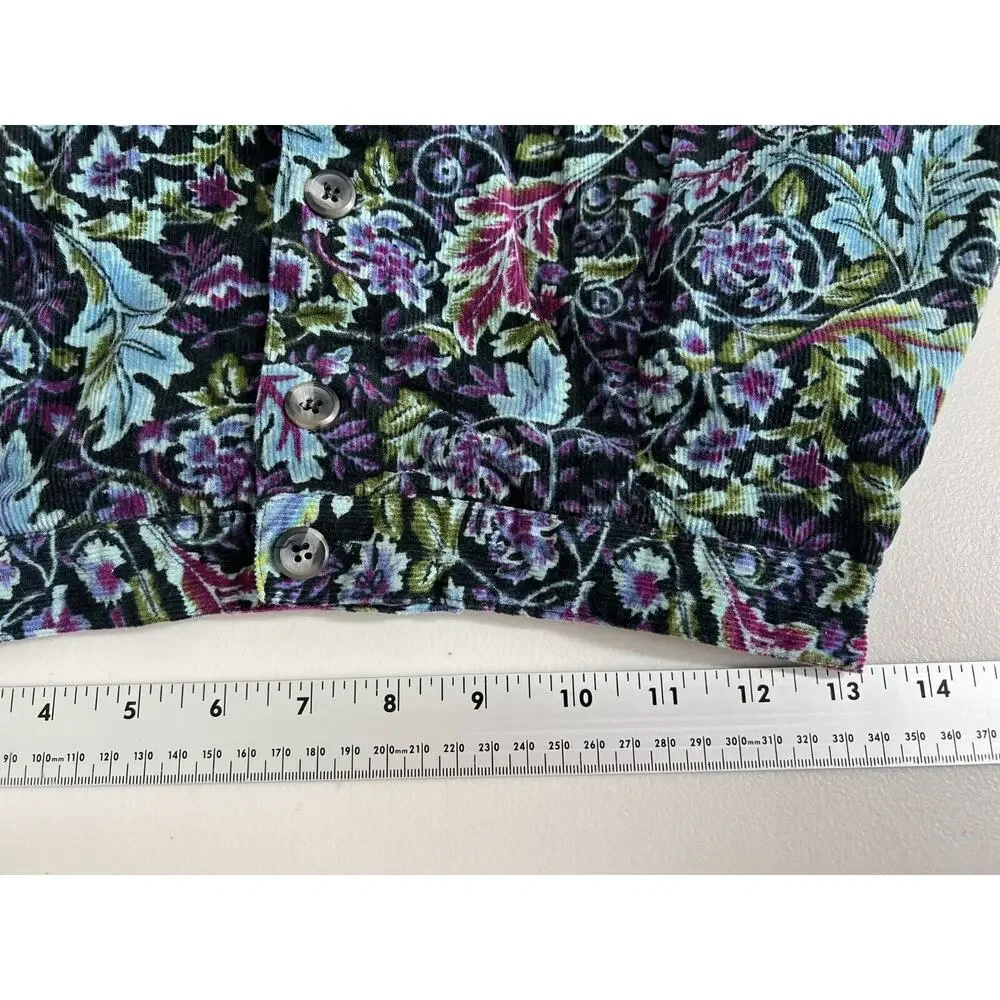 Appleseeds Dark Floral Leaf Corduroy Midi Skirt Womens Size 10P Petite Black